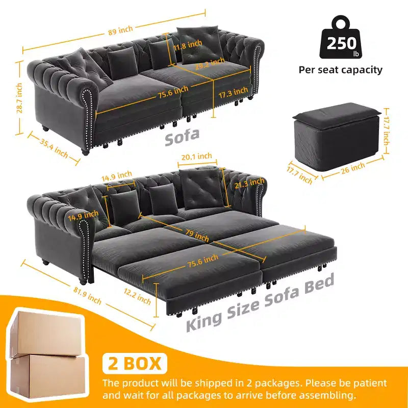 Divano letto convertibile 3-in-1 King Size con chaise longue e pouf mobile, 3 posti trapuntato in velluto, grigio antracite