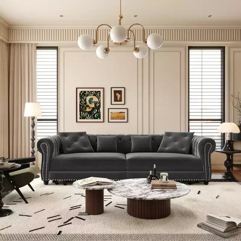 Divano letto convertibile 3-in-1 King Size con chaise longue e pouf mobile, 3 posti trapuntato in velluto, grigio antracite