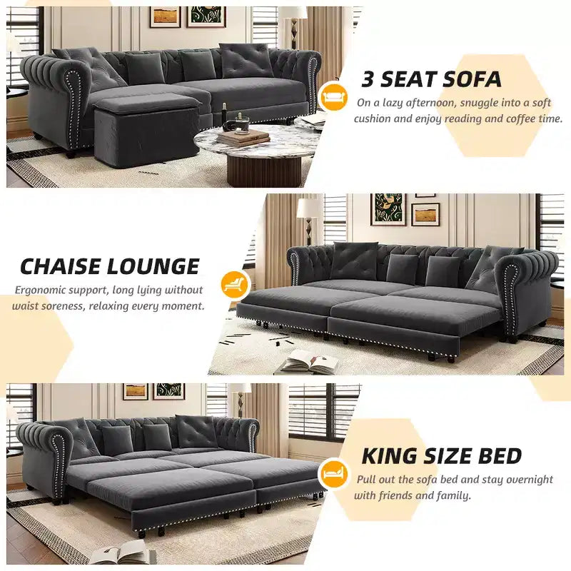 Divano letto convertibile 3-in-1 King Size con chaise longue e pouf mobile, 3 posti trapuntato in velluto, grigio antracite