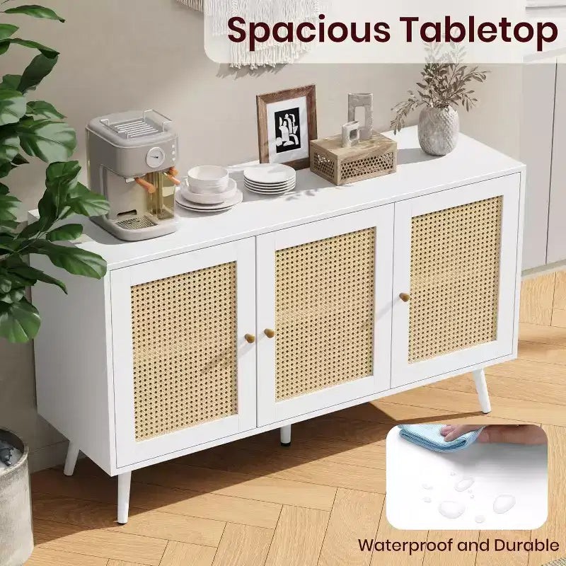 47.2 Credenza a buffet in rattan con 3 ante, credenza a buffet in stile bohémien con ripiani regolabili, consolle per soggiorno, sala da pranzo