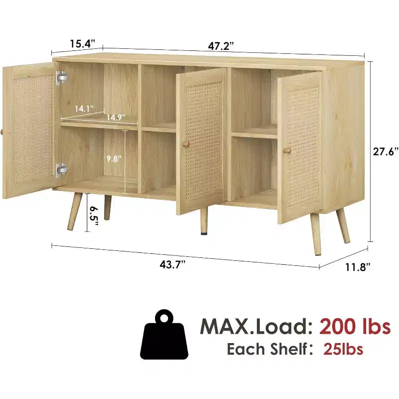 47.2 Credenza a buffet in rattan con 3 ante, credenza a buffet in stile bohémien con ripiani regolabili, consolle per soggiorno, sala da pranzo