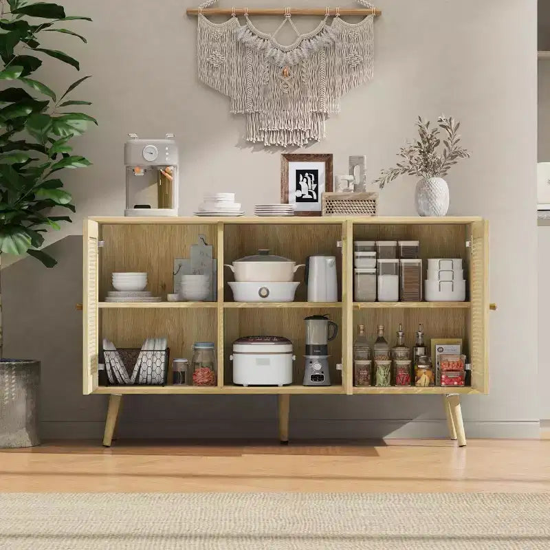 47.2 Credenza a buffet in rattan con 3 ante, credenza a buffet in stile bohémien con ripiani regolabili, consolle per soggiorno, sala da pranzo