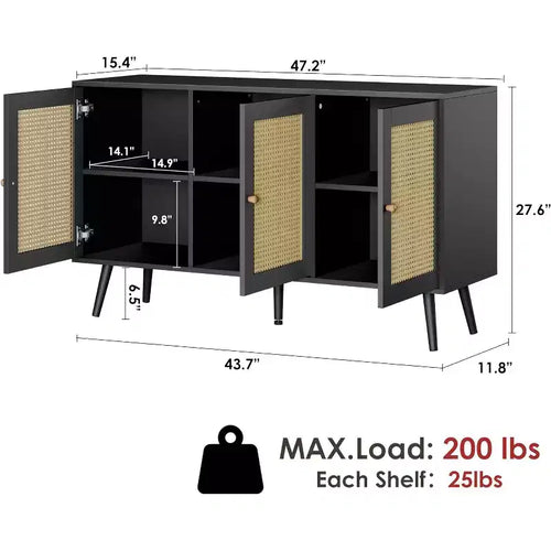 47.2 Credenza a buffet in rattan con 3 ante, credenza a buffet in stile bohémien con ripiani regolabili, consolle per soggiorno, sala da pranzo