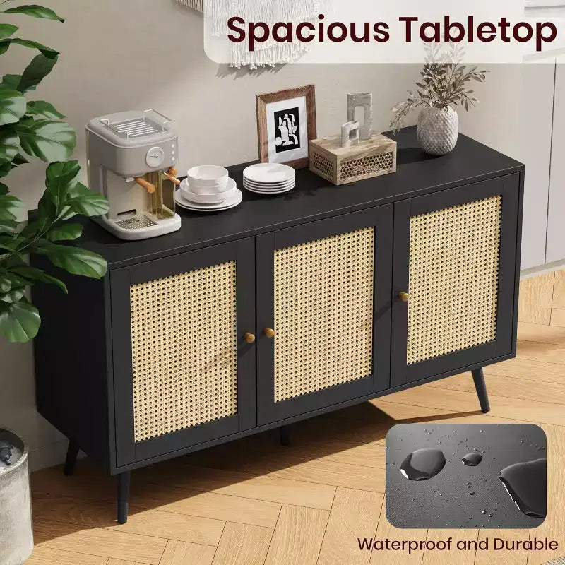 47.2 Credenza a buffet in rattan con 3 ante, credenza a buffet in stile bohémien con ripiani regolabili, consolle per soggiorno, sala da pranzo