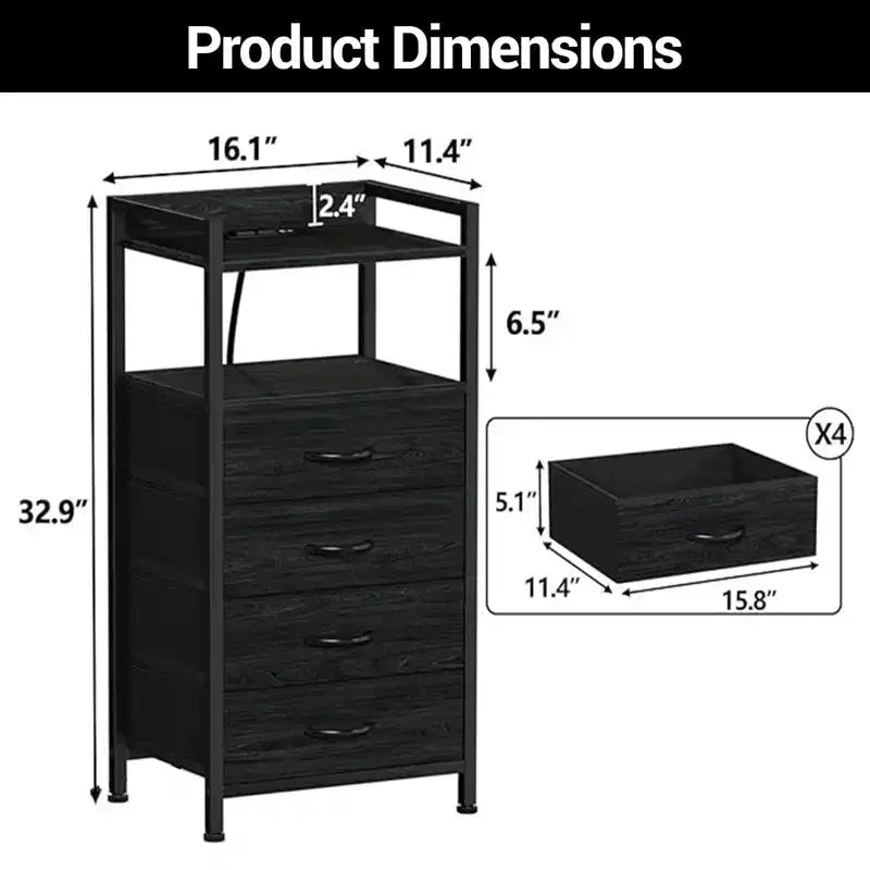 Comodino alto moderno con luci a LED - 4 cassetti in tessuto, ripiano superiore, struttura in acciaio, armadietto stretto per camera da letto, dormitorio, tavolino laterale per divano in corridoio