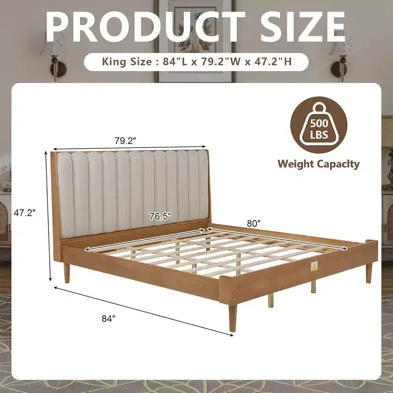 Letto matrimoniale king size con piattaforma in legno e testiera imbottita a tasti di pianoforte, non richiede rete a molle, color grano
