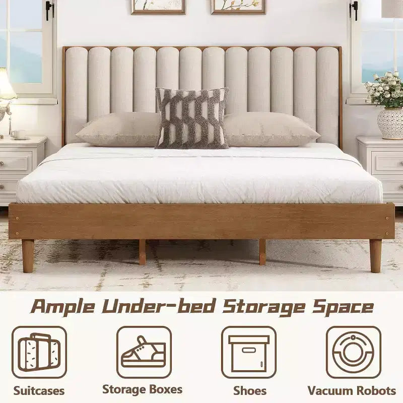 Letto matrimoniale king size con piattaforma in legno e testiera imbottita a tasti di pianoforte, non richiede rete a molle, color grano