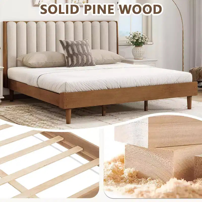 Letto matrimoniale king size con piattaforma in legno e testiera imbottita a tasti di pianoforte, non richiede rete a molle, color grano