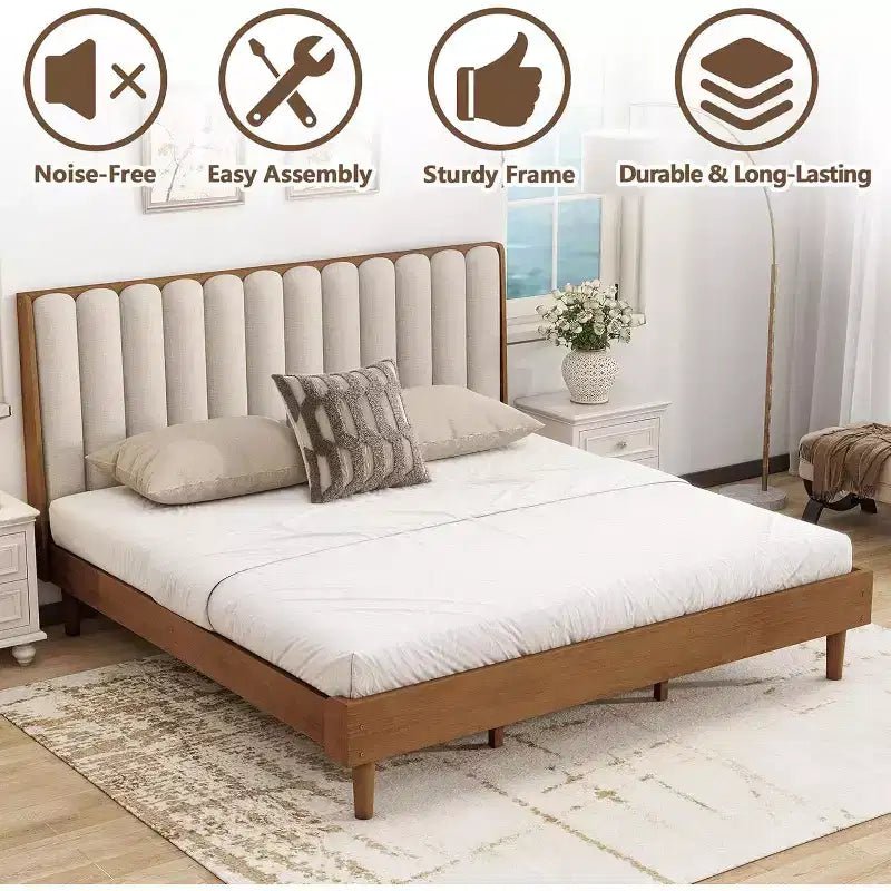 Letto matrimoniale king size con piattaforma in legno e testiera imbottita a tasti di pianoforte, non richiede rete a molle, color grano