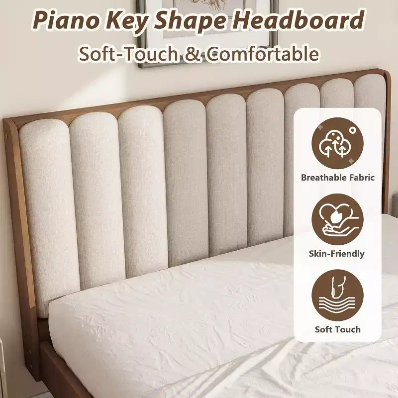Letto matrimoniale king size con piattaforma in legno e testiera imbottita a tasti di pianoforte, non richiede rete a molle, color grano