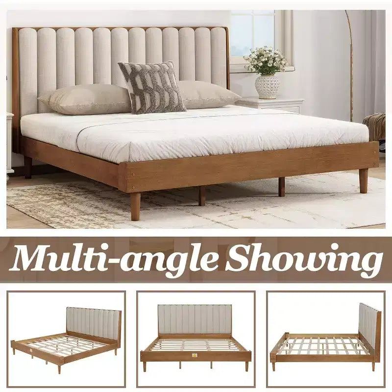 Letto matrimoniale king size con piattaforma in legno e testiera imbottita a tasti di pianoforte, non richiede rete a molle, color grano