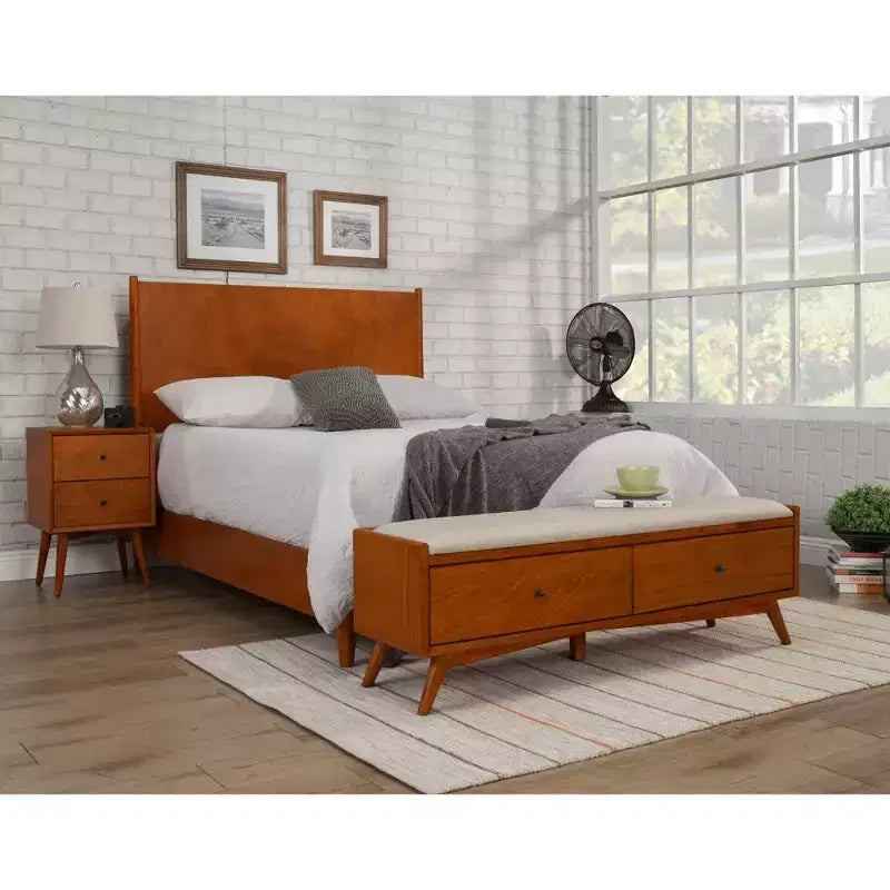 Panca accentata imbottita color castagna con struttura in mogano massiccio, stile Mid-Century Modern