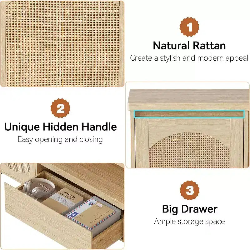 Mobile TV in Rattan Boho (adatto per TV da 70 pollici) con Ripiano Regolabile e Cassetto, Credenza Multimediale Finitura Rovere per Soggiorno e Camera da Letto