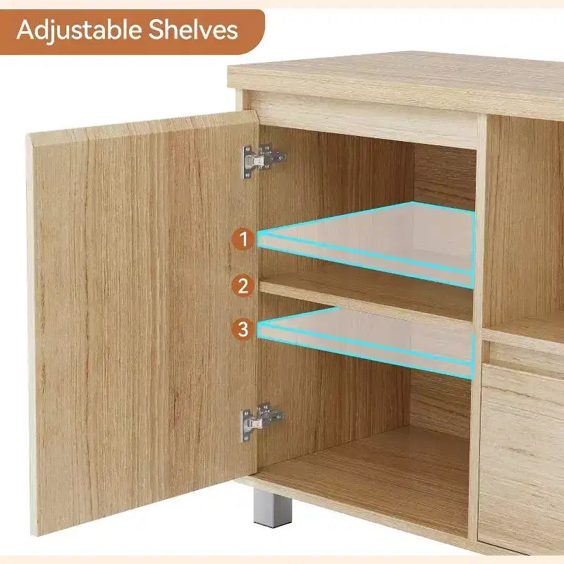 Mobile TV in Rattan Boho (adatto per TV da 70 pollici) con Ripiano Regolabile e Cassetto, Credenza Multimediale Finitura Rovere per Soggiorno e Camera da Letto