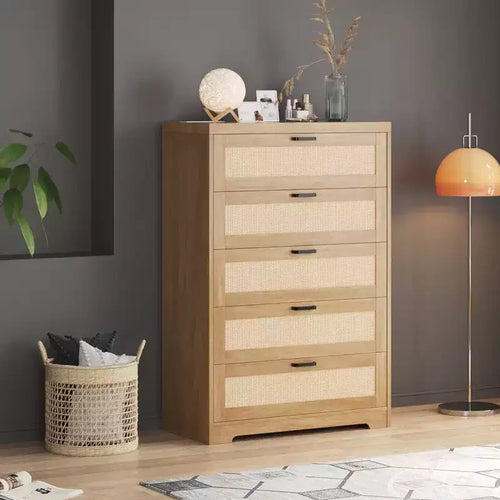 Cassettiera in Rattan alta 80 cm con 5 Cassetti, Comò Contenitore in Legno con Piano Ampio per Camera da Letto e Ingresso