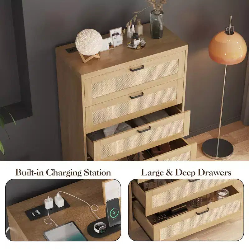 Cassettiera in Rattan alta 80 cm con 5 Cassetti, Comò Contenitore in Legno con Piano Ampio per Camera da Letto e Ingresso