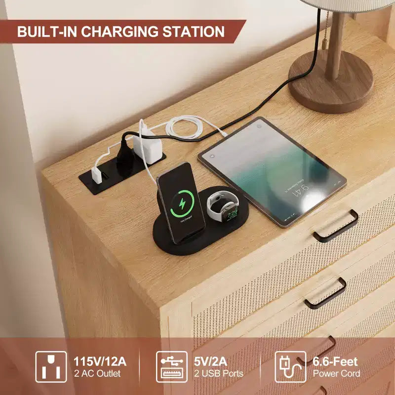 Cassettiera in Rattan alta 80 cm con 5 Cassetti, Comò Contenitore in Legno con Piano Ampio per Camera da Letto e Ingresso
