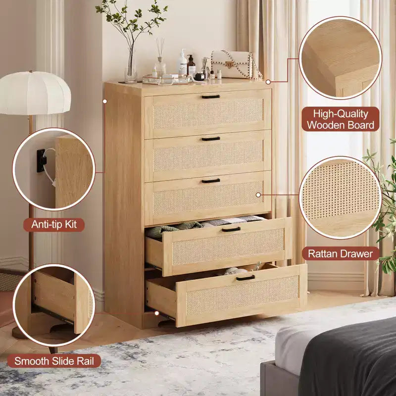 Cassettiera in Rattan alta 80 cm con 5 Cassetti, Comò Contenitore in Legno con Piano Ampio per Camera da Letto e Ingresso