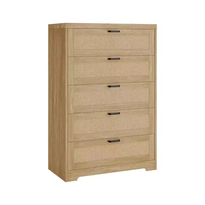 Cassettiera in Rattan alta 80 cm con 5 Cassetti, Comò Contenitore in Legno con Piano Ampio per Camera da Letto e Ingresso