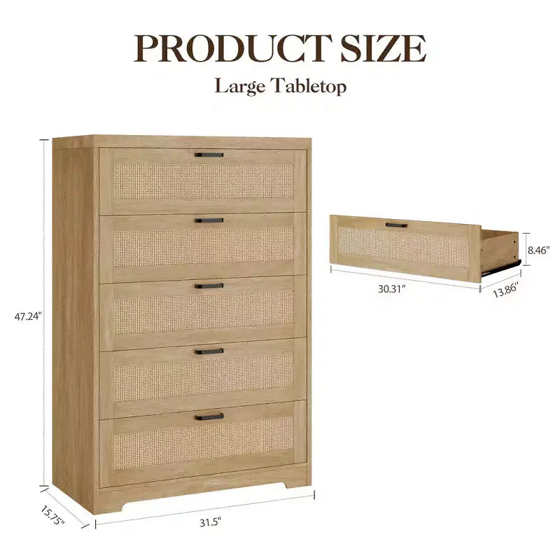 Cassettiera in Rattan alta 80 cm con 5 Cassetti, Comò Contenitore in Legno con Piano Ampio per Camera da Letto e Ingresso