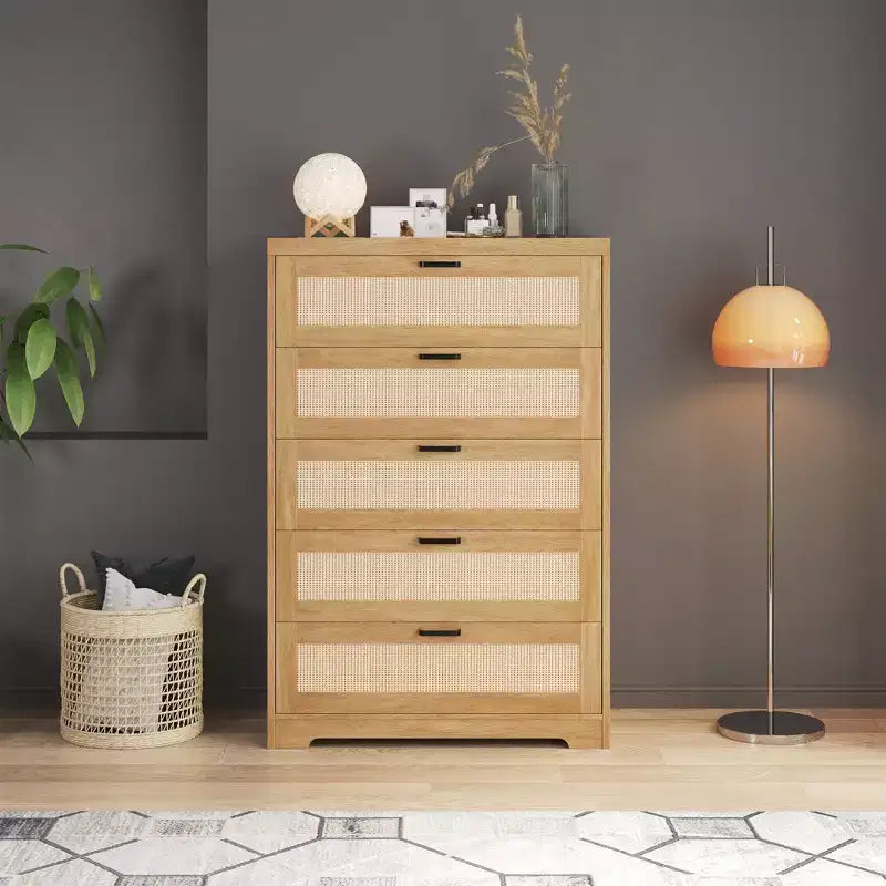 Cassettiera in Rattan alta 80 cm con 5 Cassetti, Comò Contenitore in Legno con Piano Ampio per Camera da Letto e Ingresso