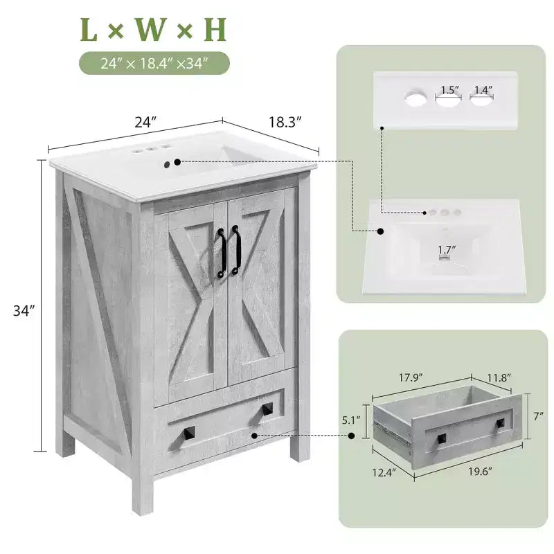 Mobile lavabo moderno da 24/30 pollici con lavello in ceramica - Mobiletto autoportante con 2 ante e 1 cassetto per riporre oggetti in bagni piccoli