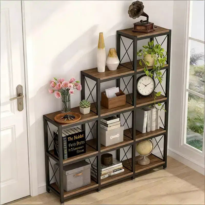 Libreria ad angolo a scaletta con 9 cubi, scaffale da esposizione a L in metallo e legno per soggiorno e ufficio, nero