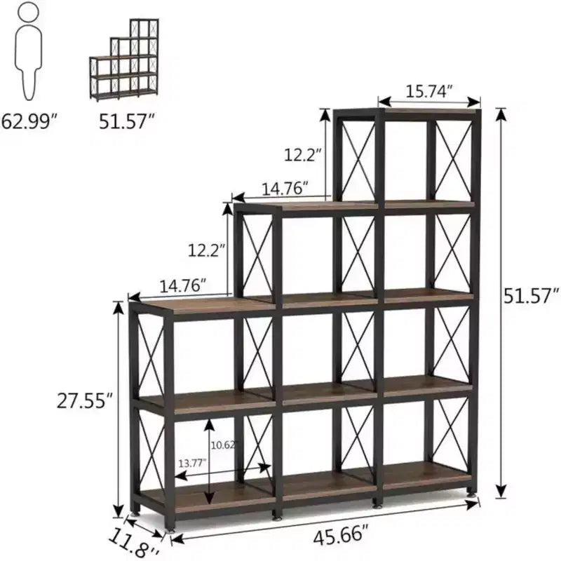 Libreria ad angolo a scaletta con 9 cubi, scaffale da esposizione a L in metallo e legno per soggiorno e ufficio, nero