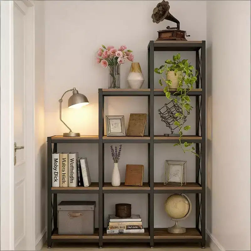 Libreria ad angolo a scaletta con 9 cubi, scaffale da esposizione a L in metallo e legno per soggiorno e ufficio, nero