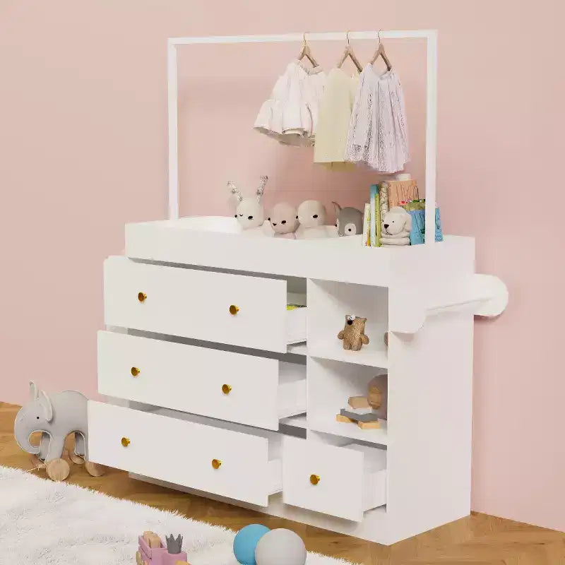 Cassettiera moderna con fasciatoio, fasciatoio per bambini con 3 cassetti extra profondi, ripiani e appendini