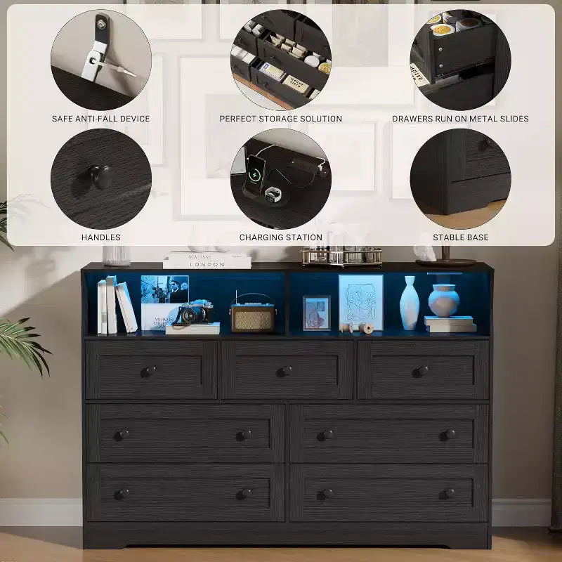 Cassettiera in Legno a 7 Cassetti - Comò Moderno con Stazione di Ricarica USB e Luci a LED, 2 Scomparti Aperti - Ampio Comò per Camera da Letta, Organizzatore di Archiviazione