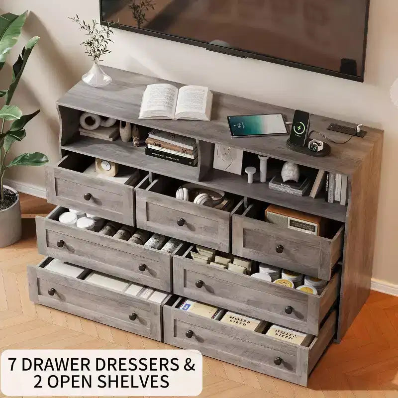 Cassettiera in Legno a 7 Cassetti - Comò Moderno con Stazione di Ricarica USB e Luci a LED, 2 Scomparti Aperti - Ampio Comò per Camera da Letta, Organizzatore di Archiviazione