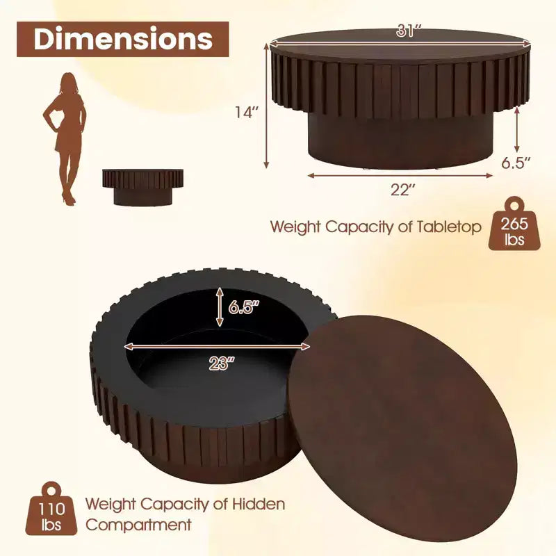 Tavolino da Caffè Rotondo in Legno con Vano Contenitore Nascosto, Finitura Noce/Naturale