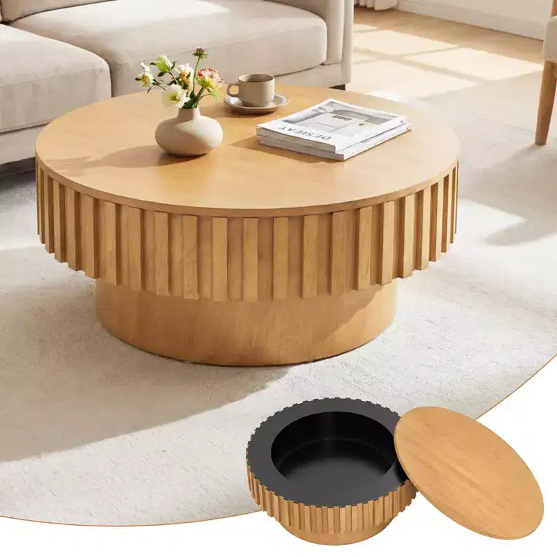 Tavolino da Caffè Rotondo in Legno con Vano Contenitore Nascosto, Finitura Noce/Naturale