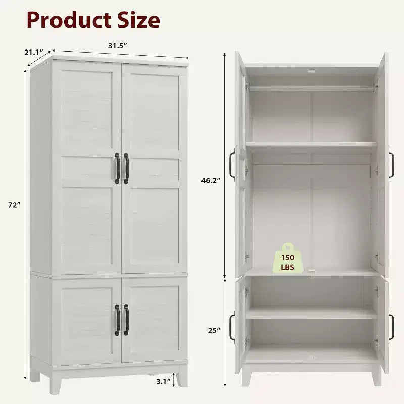 Armadio Guardaroba in Legno Alto 183 cm con 4 Ante, Asta Appendiabiti e Ripiani Regolabili, Armadio Autoportante per Vestiti per Camera da Letto
