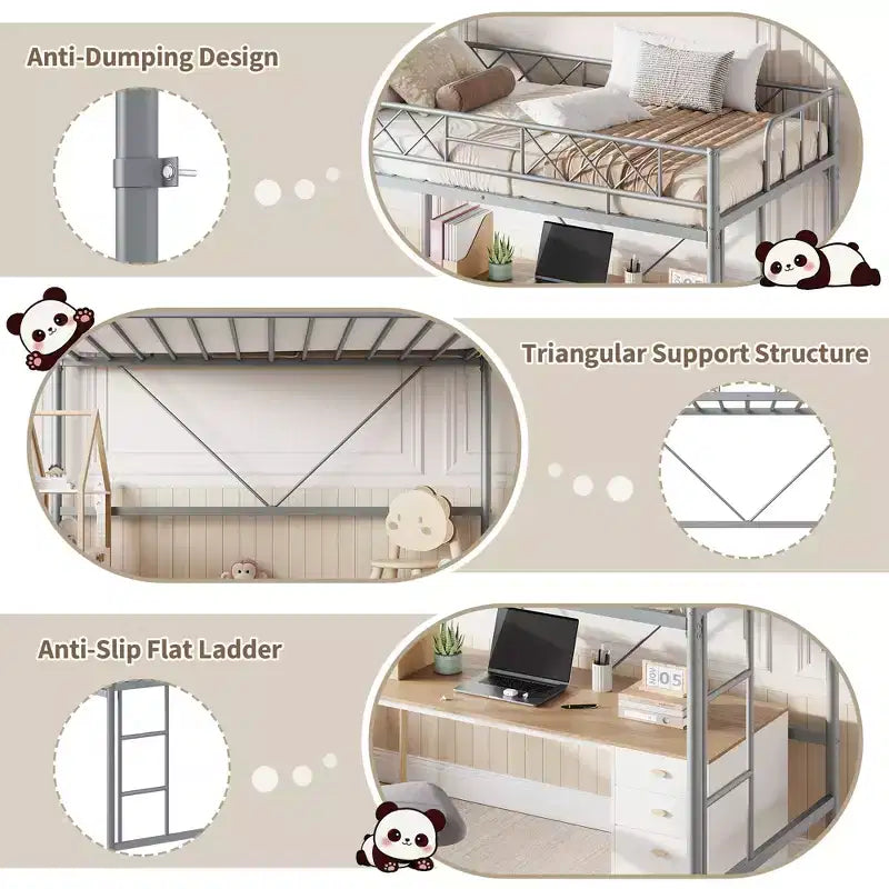 Letto a soppalco singolo con ringhiera di sicurezza arcuata e scaletta di sicurezza, struttura in metallo resistente con robuste doghe in acciaio, non necessita di rete, salvaspazio