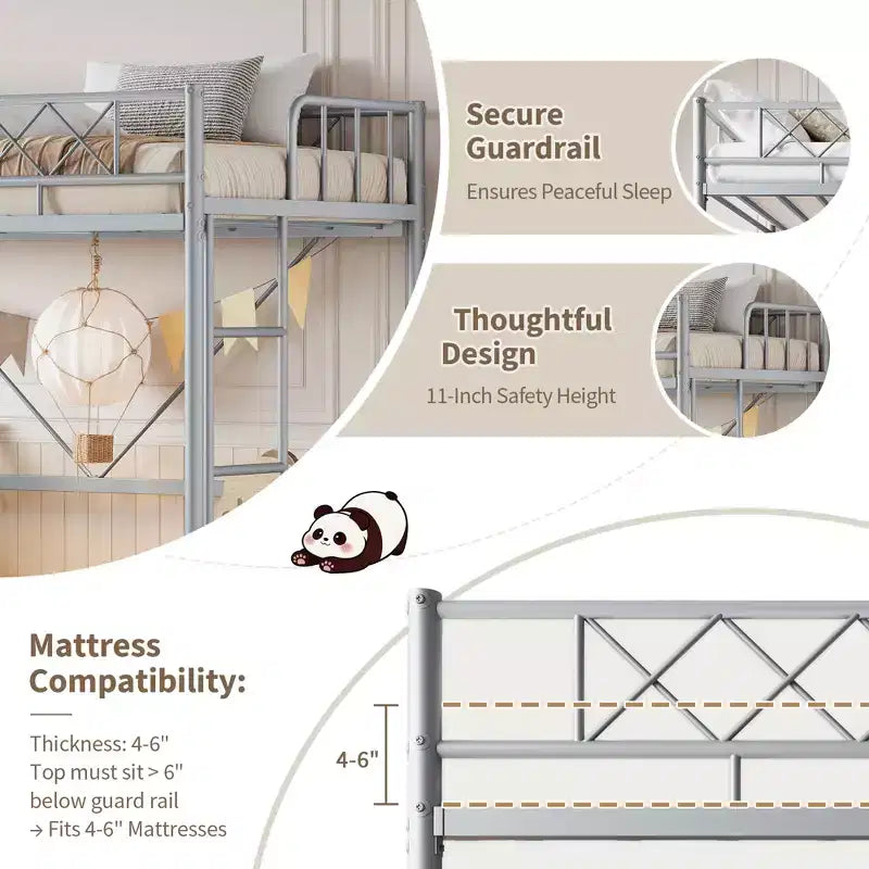 Letto a soppalco singolo con ringhiera di sicurezza arcuata e scaletta di sicurezza, struttura in metallo resistente con robuste doghe in acciaio, non necessita di rete, salvaspazio