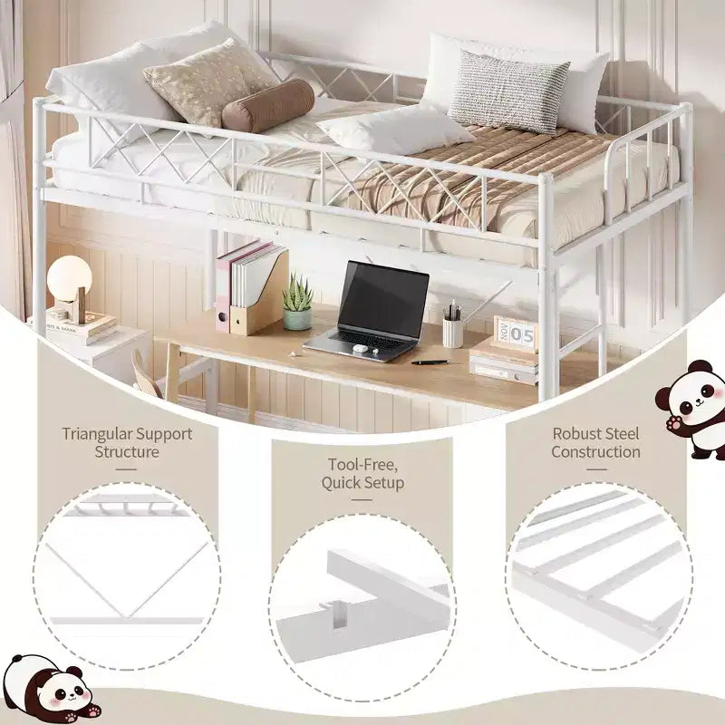 Letto a soppalco singolo con ringhiera di sicurezza arcuata e scaletta di sicurezza, struttura in metallo resistente con robuste doghe in acciaio, non necessita di rete, salvaspazio