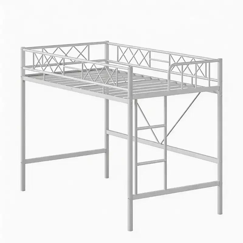 Letto a soppalco singolo con ringhiera di sicurezza arcuata e scaletta di sicurezza, struttura in metallo resistente con robuste doghe in acciaio, non necessita di rete, salvaspazio