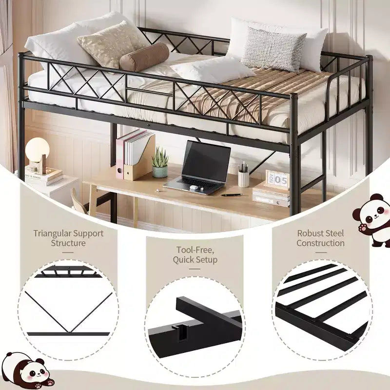 Letto a soppalco singolo con ringhiera di sicurezza arcuata e scaletta di sicurezza, struttura in metallo resistente con robuste doghe in acciaio, non necessita di rete, salvaspazio