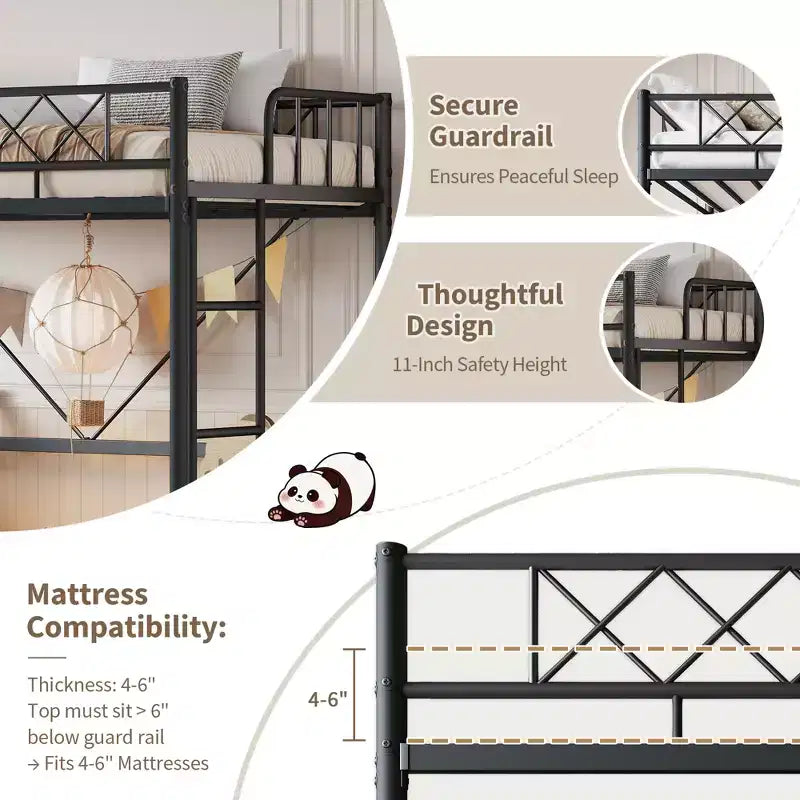 Letto a soppalco singolo con ringhiera di sicurezza arcuata e scaletta di sicurezza, struttura in metallo resistente con robuste doghe in acciaio, non necessita di rete, salvaspazio