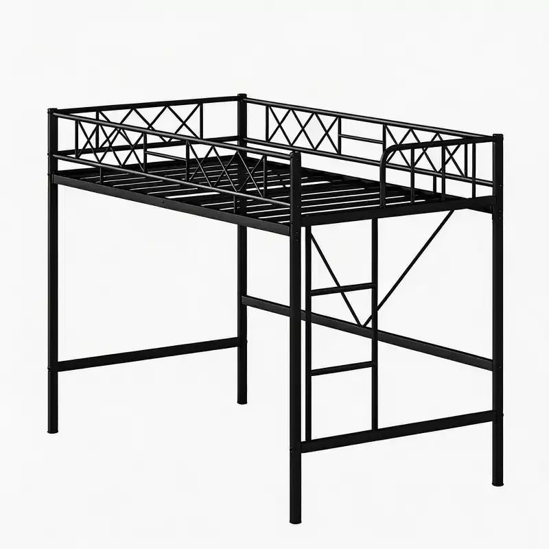 Letto a soppalco singolo con ringhiera di sicurezza arcuata e scaletta di sicurezza, struttura in metallo resistente con robuste doghe in acciaio, non necessita di rete, salvaspazio