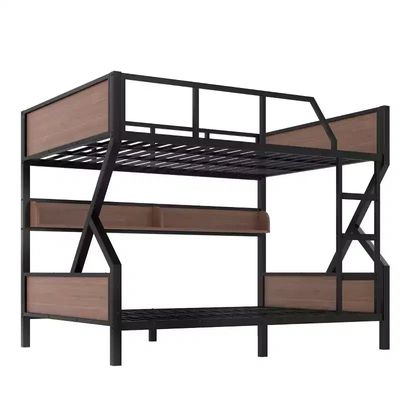 Letto a castello in metallo Queen su Queen con ripiani portaoggetti e luce LED, telaio resistente con sponde di sicurezza e scaletta, silenzioso, nero