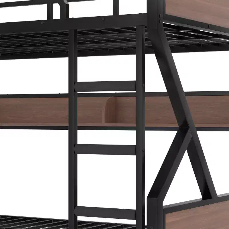 Letto a castello in metallo Queen su Queen con ripiani portaoggetti e luce LED, telaio resistente con sponde di sicurezza e scaletta, silenzioso, nero