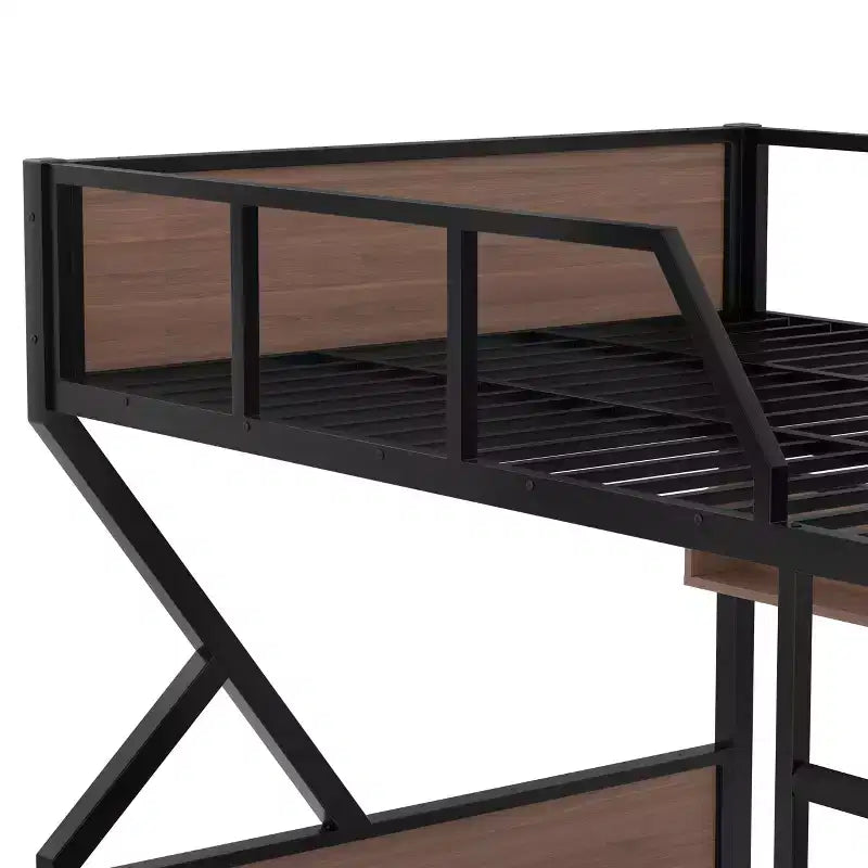 Letto a castello in metallo Queen su Queen con ripiani portaoggetti e luce LED, telaio resistente con sponde di sicurezza e scaletta, silenzioso, nero