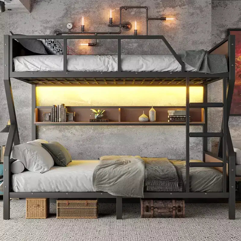 Letto a castello in metallo Queen su Queen con ripiani portaoggetti e luce LED, telaio resistente con sponde di sicurezza e scaletta, silenzioso, nero