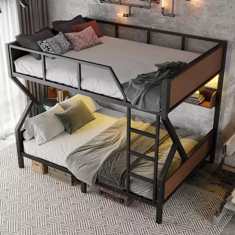 Letto a castello in metallo Queen su Queen con ripiani portaoggetti e luce LED, telaio resistente con sponde di sicurezza e scaletta, silenzioso, nero