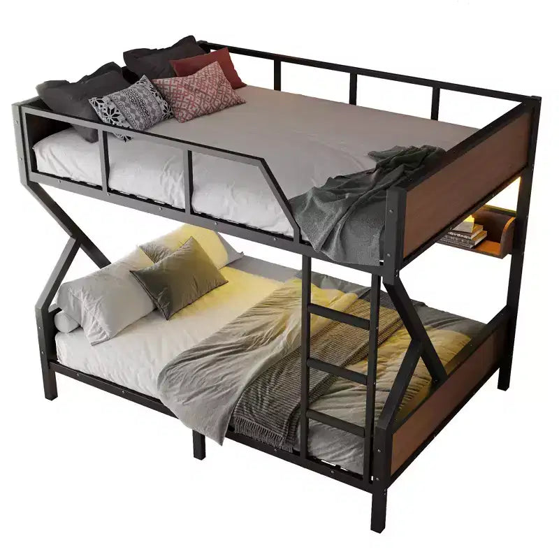 Letto a castello in metallo Queen su Queen con ripiani portaoggetti e luce LED, telaio resistente con sponde di sicurezza e scaletta, silenzioso, nero