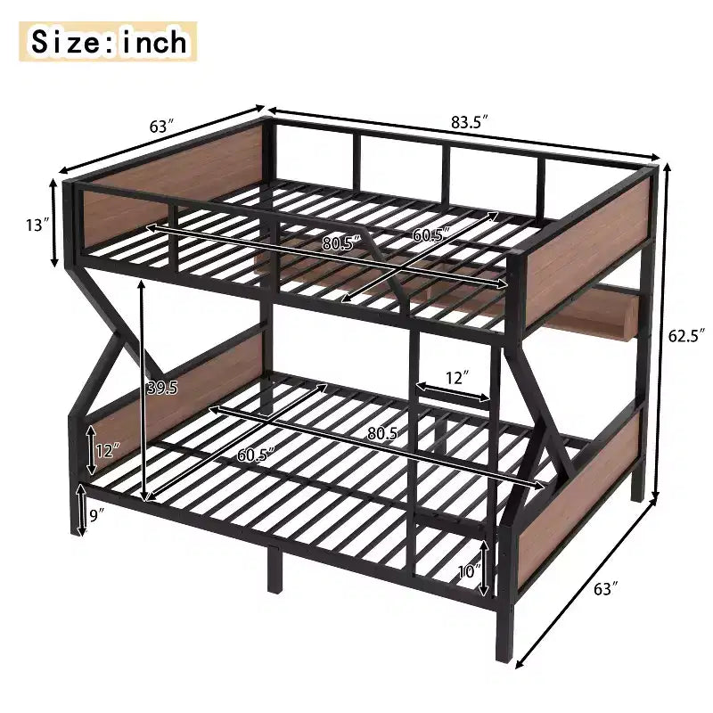 Letto a castello in metallo Queen su Queen con ripiani portaoggetti e luce LED, telaio resistente con sponde di sicurezza e scaletta, silenzioso, nero