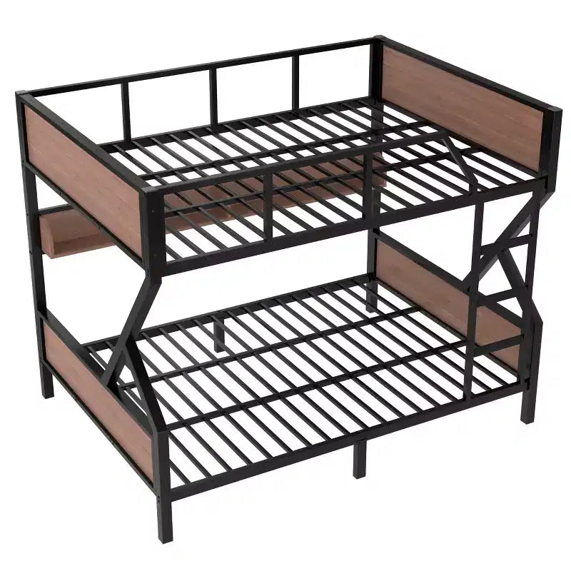 Letto a castello in metallo Queen su Queen con ripiani portaoggetti e luce LED, telaio resistente con sponde di sicurezza e scaletta, silenzioso, nero